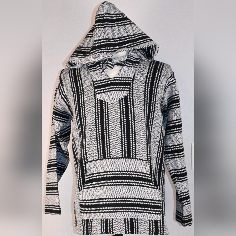Vintage Retro Baja Pullover W/ Hoodie, Kangaroo Pocket, Herringbone Pattern, S